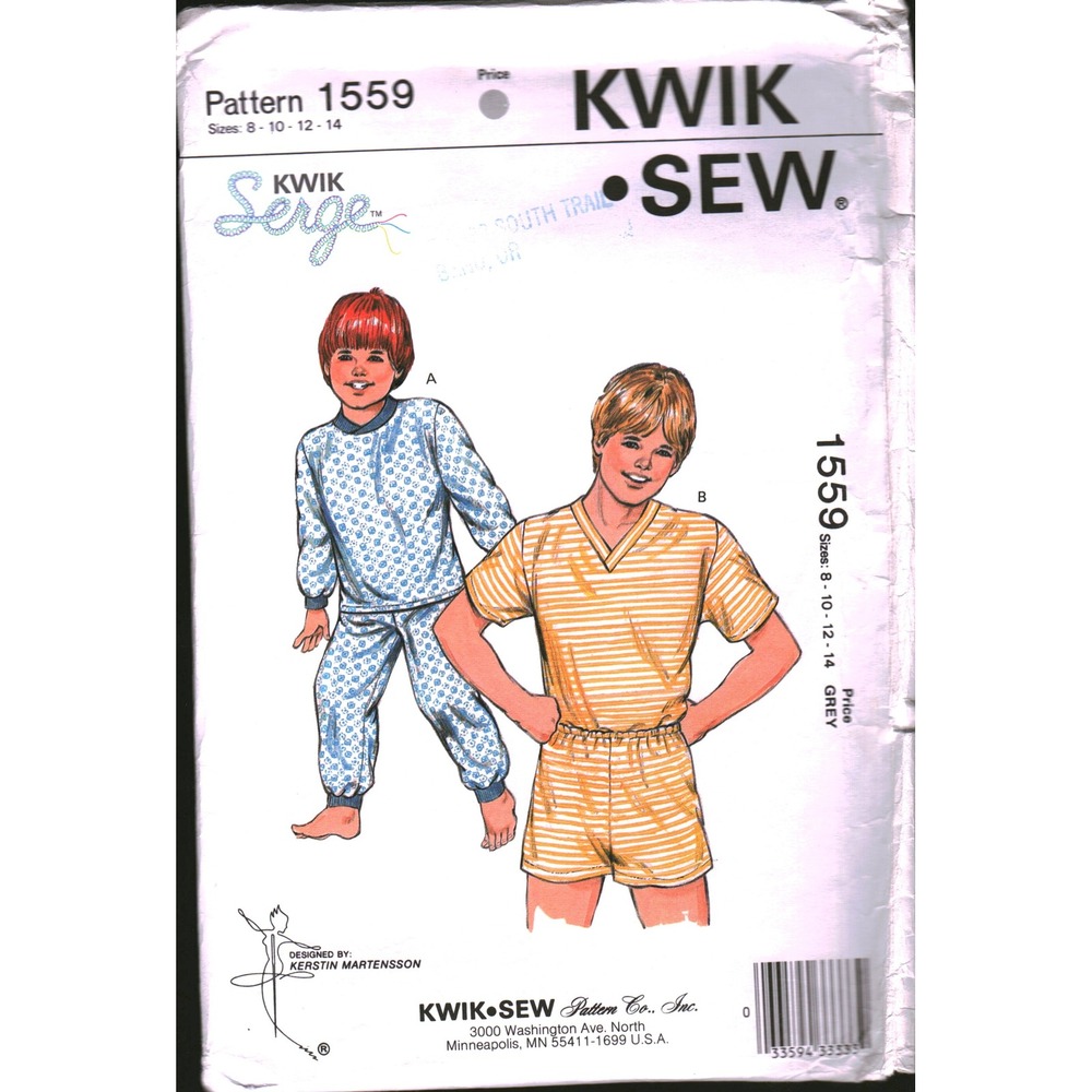 Kwik Sew 1559 Boys Pajamas Sewing Pattern Sizes 8-14 V-Neck Round Neck Knits